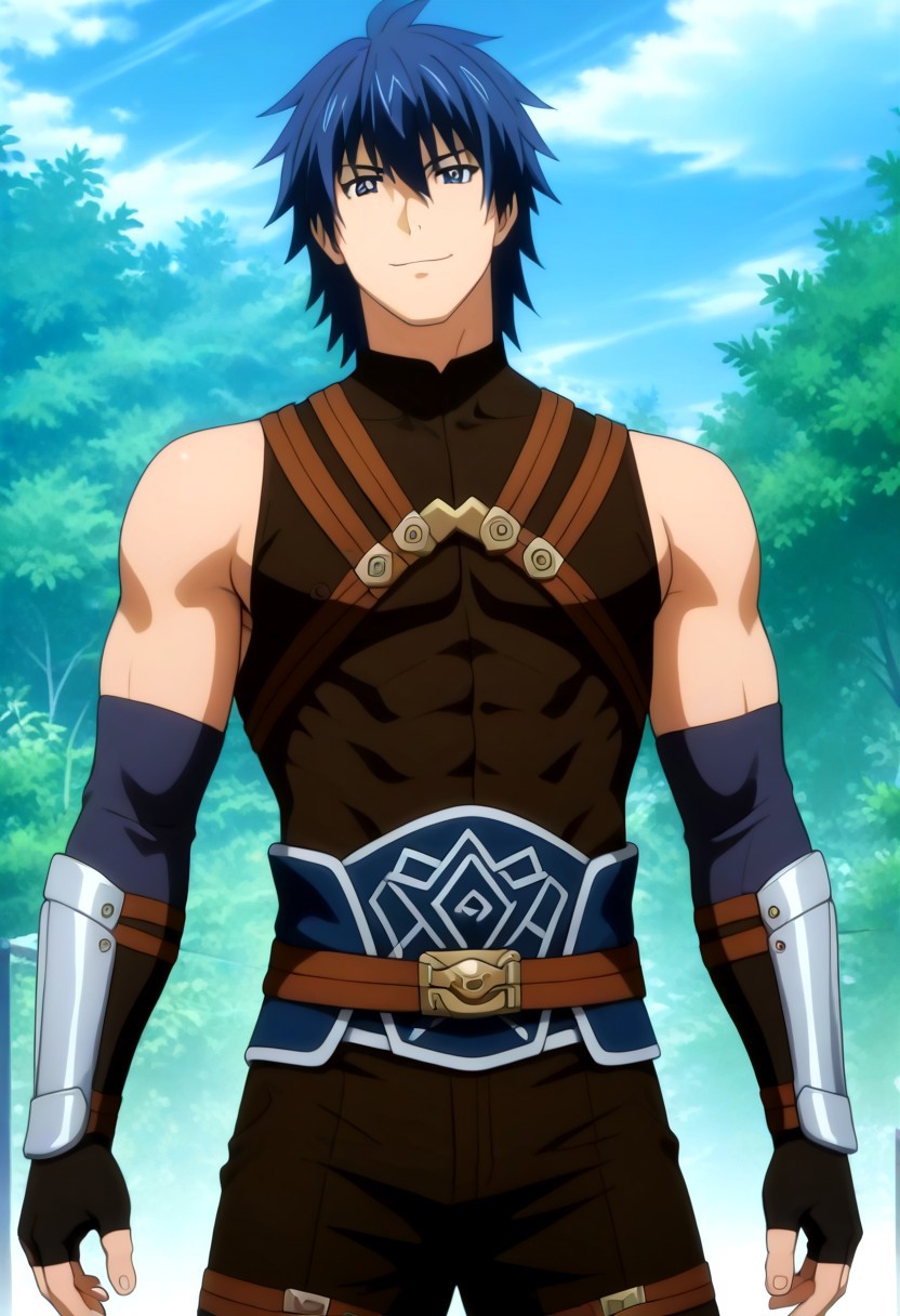 ((masterpiece)), ((best quality)), ((ultra-detailed)), ((absurdres)), score_9_up, score_8_up, score_7_up,
HD, top quality, best quality, amazing quality, High-quality illustrations, anime screencap, source_anime, best aesthetic, perfect proportions, perfect eyes, 1boy, 1male, solo boy, solo male, male focus, solo male focus, Akatsuki Ousawa, blue hair, blue eyes, Anime, boy, male anime character, anime boy, handsome, cute, charming, sexy, good-looking, brown shirt, sleeveless, elbow pads, arm straps, fingerless gloves, brown pants, multiple thigh straps, ((smirk)), ((nature, mountains, open field)), ((front view, front shot, facing front, view from the front)), ((face shot, head shot, face only, head only)), easynegative, updn, Expressiveh, masterpiece, best quality, very aesthetic, absurdres