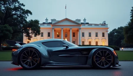 A picture of a futuristic yfg-sde in front of the White House at dusk. The camera is positioned perfectly perpendicular to the side of the car.