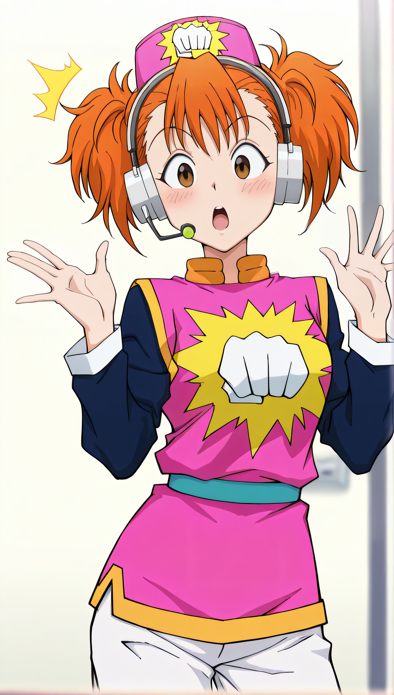 masterpiece, best quality, highres, newest, 1girl, solo, official style, anime screncap, <lora:Heavens_Arena_Employees:1>, hxhcommentator, orange hair, short twintails, brown eyes, hat, headset, pink uniform, raglan sleeves, white pants, looking at viewer, indoor, cowboy shot, surprised, hands up, blush, open mouth, five fingers