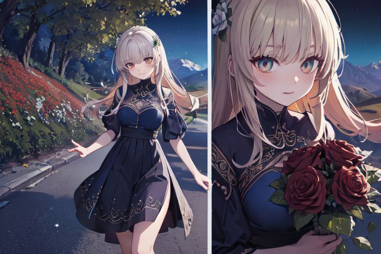 (masterpiece:1.4), 4K8K, (anime style), (high shutterspeed:1.4), (sharp edges), 
plants niji style,
flower rose, 1 woman prey with hands togather, neeling, leaning foward, 
wearing Celtic style dress, (Detailed face, Detailed eyes), 
amber colored roses, Alps at night in the background,
