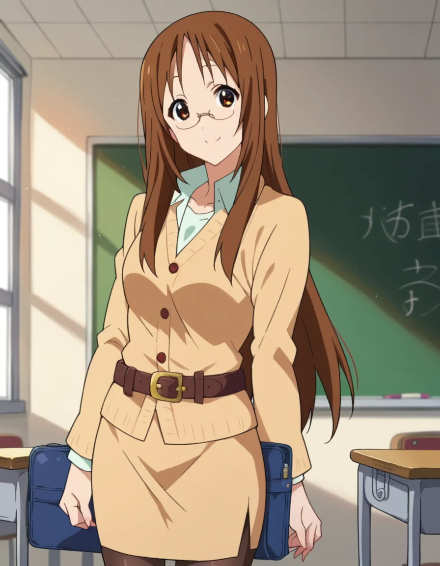score_9, score_8_up, score_7_up, source_anime,
sawakoyamanaka, <lora:sawako-yyamanaka-s2-ponyxl-lora-nochekaiser:1>,
sawako yamanaka, brown eyes, brown hair, glasses, long hair,
belt, official style, pantyhose, teacher, dress, light brown dress, skirt, pencil skirt,
indoors, classroom, smile,
looking at viewer, dutch angle, cowboy shot,