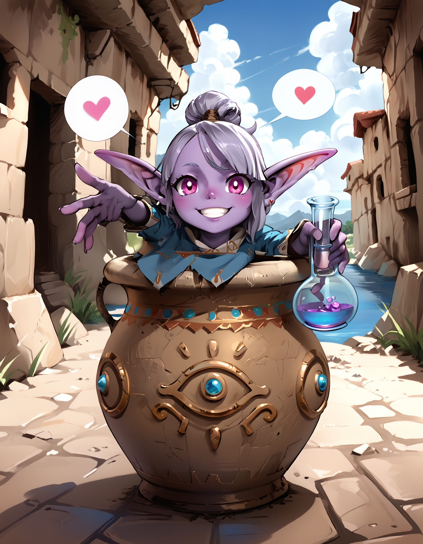 zPDXL3,masterpiece,extreme detailed,full_body,outdoors,dungeon,<lora:Pony_DetailV2.0:1>,day,
BREAK magicpot,no humans,pointy ears,colored skin,<lora:magicpot-pony:0.9>,smile,round-bottom flask,speech bubble,spoken heart,