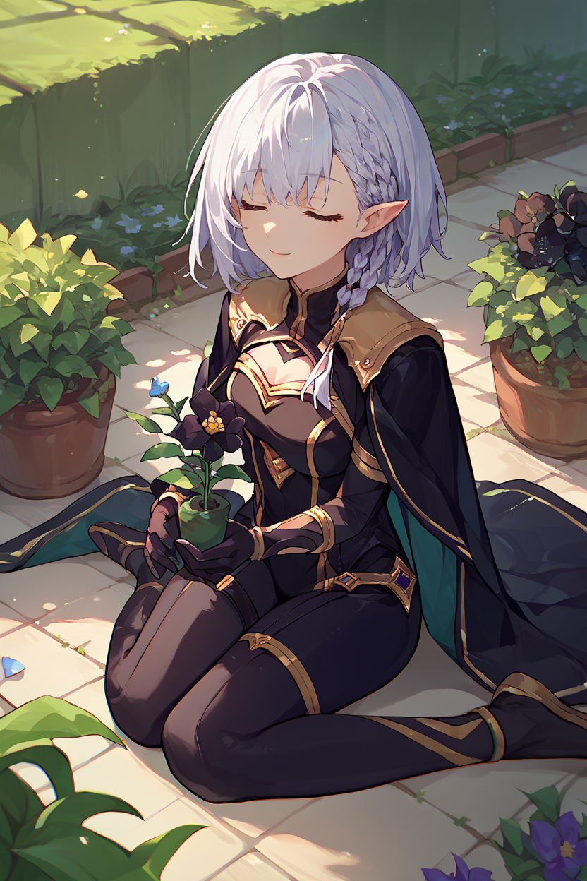 score_9, score_8_up, score_7_up, score_6_up, source_anime, 1girl, solo  <lora:beta-pdxl-nvwls-v1-000005:1> beta, white hair, braid, pointy ears, black cape, black bodysuit, black leggings, gloves, sitting, on ground, holding black flower, garden, closed eyes, smile