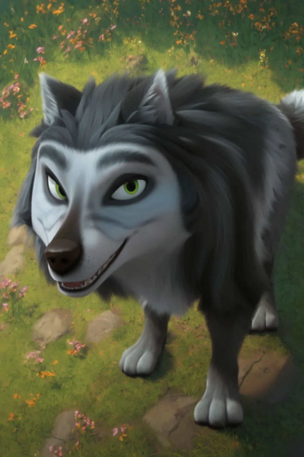 score_9, score_8_up, score_7_up, score_6_up, high angle, looking at viewer, smile, happy, feral, wolf, male, tone body, gray fur and black gray fur, green eyes, dark eyebrows, tail, solo, forest background <lora:Hutch_Alpha_and_Omega_XLPony:1>