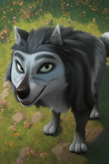 score_9, score_8_up, score_7_up, score_6_up, high angle, looking at viewer, smile, happy, feral, wolf, male, tone body, gray fur and black gray fur, green eyes, dark eyebrows, tail, solo, forest background <lora:Hutch_Alpha_and_Omega_XLPony:1>
