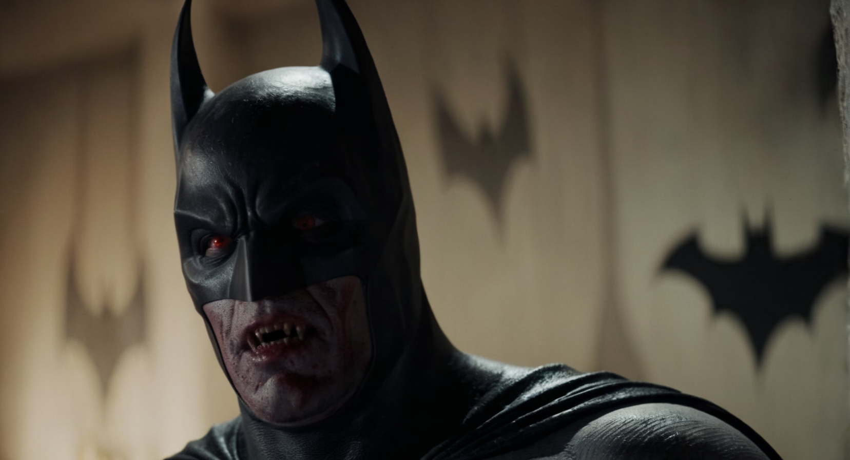 cinematic film still of  Cinematic Film stock footage in (arri alexa style) Kodak film print,   <lora:Batman Vampire:1> <lora:Vampire-000003:1> Batman Vampire a drawing of a batman mask with a creepy look and vampire fangs, shallow depth of field, vignette, highly detailed, high budget, bokeh, cinemascope, moody, epic, gorgeous, film grain, grainy