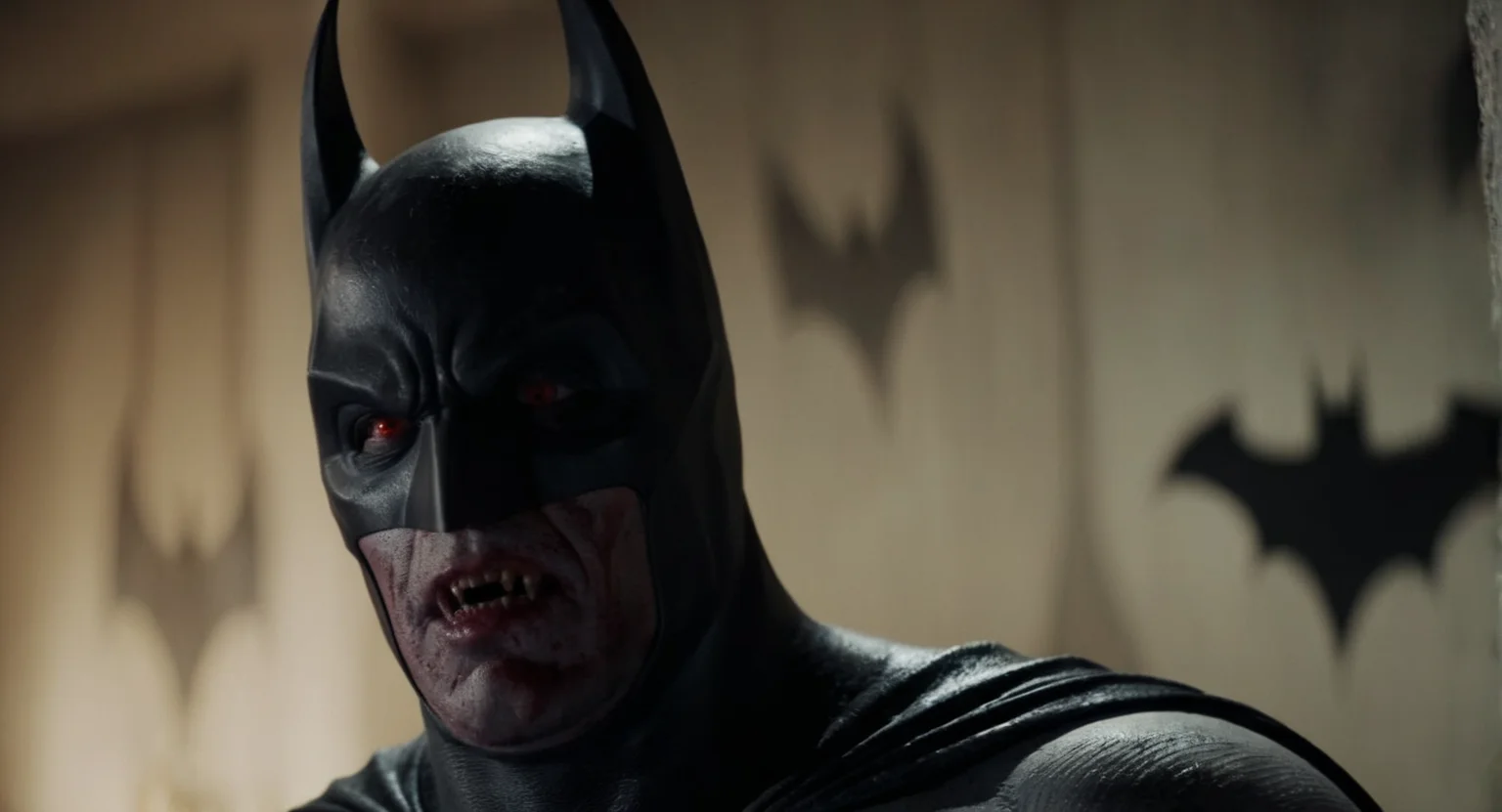 cinematic film still of Cinematic Film stock footage in (arri alexa style) Kodak film print, <lora:Batman Vampire:1> <lora:Vampire-000003:1> Batman Vampire a drawing of a batman mask with a creepy look and vampire fangs, shallow depth of field, vignette, highly detailed, high budget, bokeh, cinemascope, moody, epic, gorgeous, film grain, grainy