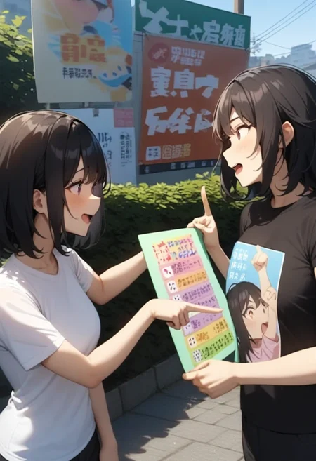 masterpiece, best quality, very aesthetic, absurdres,
2girls, black hair, medium hair, t-shirt, holding, (poster board), outdoors, pointing at board,
<lora:saikoro_no_tabbi_SDXL_V1:0.8>