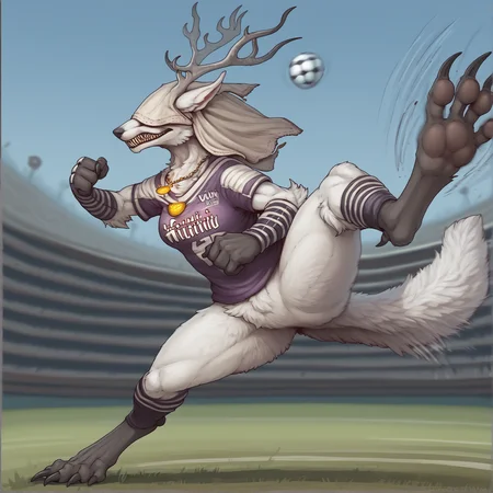 1girl, full body, <lora:Vicar Amelia (Bloodborne)_epoch_7:1>anthro bbvicamelia,white fur, fluffy fur, sharp teeth, claws, paws, digitigrade, golden pendant necklace, in a football uniform, on a football field, playing football, kicking a ball, motion lines
<lora:muhut_style_PONYXL:1>, detailed, masterpiece,score_9, best quality