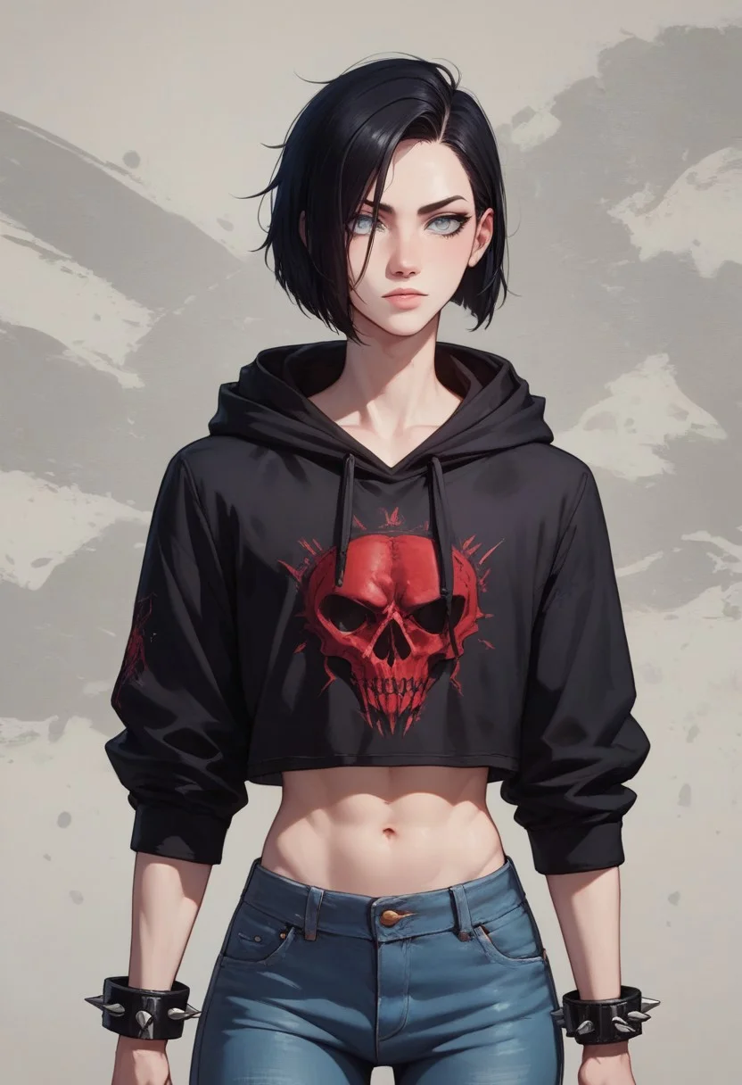 score_9, score_8_up, score_7_up, 1boy, femboy, otoko no ko, short hair, bob cut hair, black hair, grey eyes, gray eyes, feminine face, toned body, Shelly, black hoodie, print hoodie, evil print, tight jeans, midriff, rolled up sleeves, spiked bracelets, highly detailed, intricate, zzCitronCAT, casual pose, cowboy shot, modelshoot, abstract background, solo