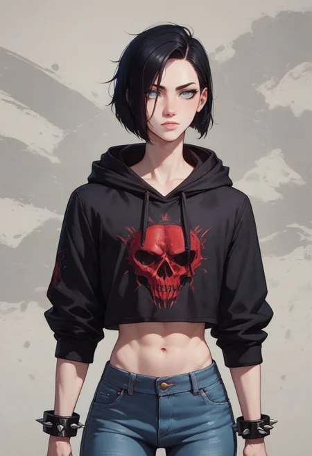 score_9, score_8_up, score_7_up, 1boy, femboy, otoko no ko, short hair, bob cut hair, black hair, grey eyes, gray eyes, feminine face, toned body, Shelly, black hoodie, print hoodie, evil print, tight jeans, midriff, rolled up sleeves, spiked bracelets, highly detailed, intricate, zzCitronCAT, casual pose, cowboy shot, modelshoot, abstract background, solo