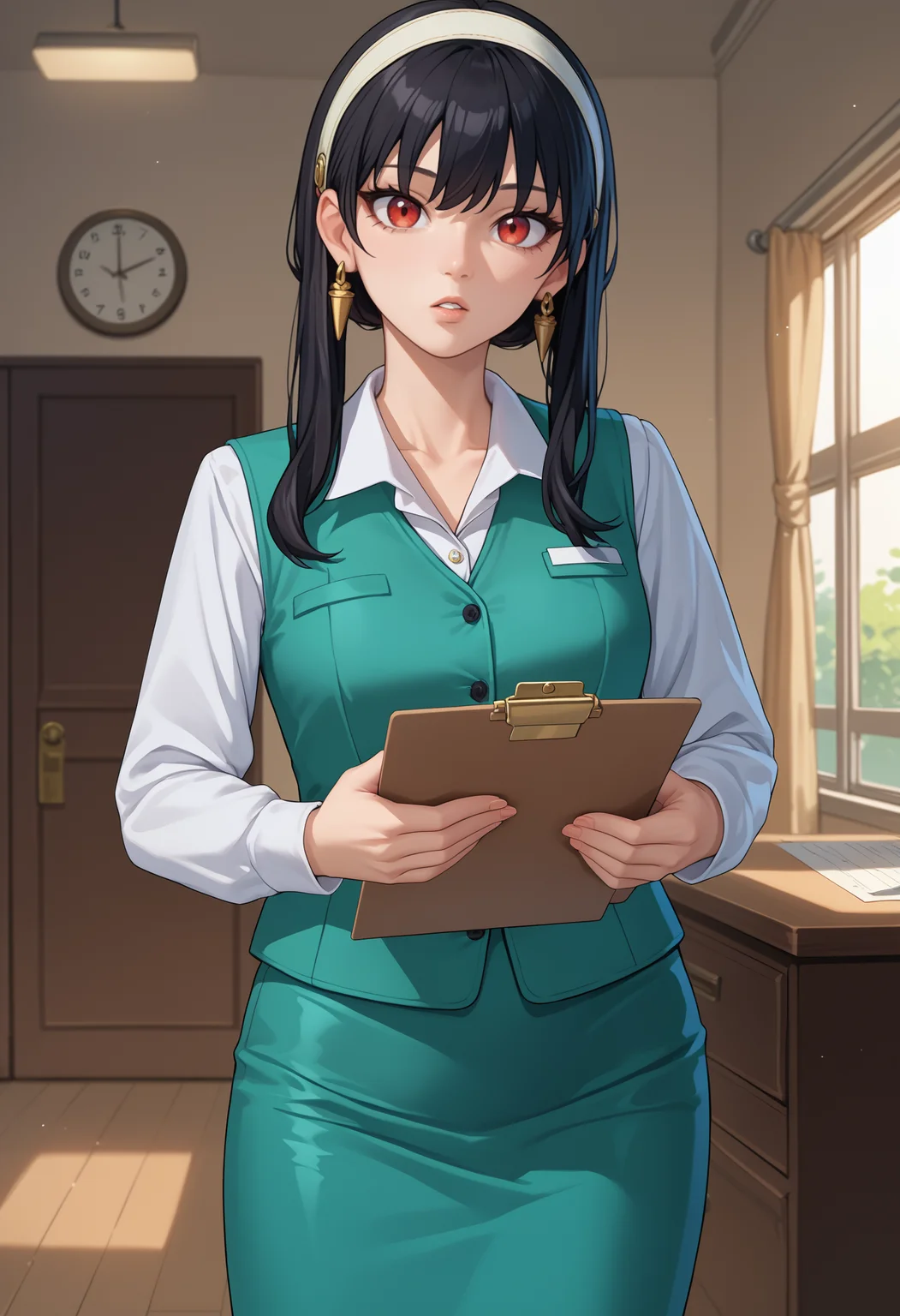 score_9, score_8_up, score_7_up, source_anime, <break> solo, 1girl, y0rwork, parted lips, looking at you, standing, holding clipboard, black hair, white hairband, red eyes, green vest, white shirt, collared shirt, long sleeves, green skirt, pencil skirt, gold earrings, indoors, office
<segment:yolo-face_yolov8m.pt,0.4,0.5//cid=1>