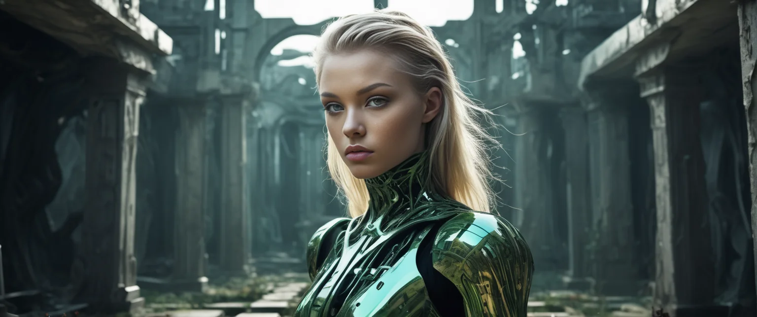 a beatiful young adult women of slender hourglass figure, with long undercut hair of mixed haircolor brunette and blonde, light green eyes,
Reflective face expression,
__bg/zoom__
(at the border) of a a futuristic village in the style of a mix of transhumanism and dystopian with fluid detail in the style of Ron Miller , we are outside of a graveyard which is built and decorated in the mixed style of cinematic lighting high contrast , , surreal futurism with smooth detail in the style of Vincent Di Fate and a mix of transhumanism and transhumanism with intricate detail in the style of Ian Miller
((photo raw)),