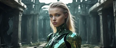 a beatiful young adult women of slender hourglass figure, with long undercut hair of mixed haircolor brunette and blonde, light green eyes, 
Reflective  face expression,
__bg/zoom__
(at the border) of  a a futuristic village  in the style of a mix of transhumanism and dystopian with fluid detail in the style of Ron Miller , we are outside of a graveyard which is built and decorated in the mixed style of cinematic lighting high contrast , , surreal futurism with smooth detail in the style of Vincent Di Fate and a mix of transhumanism and transhumanism with intricate detail in the style of Ian Miller 
((photo raw)),