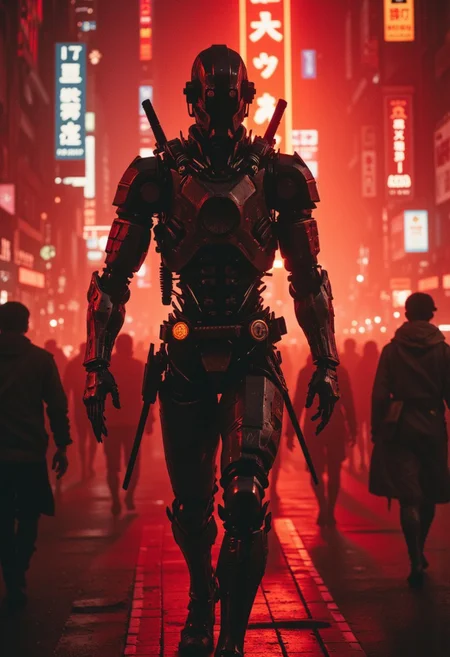 super closeup portrait of an Elysium Robot Cyborg Samurai walking through a densely packed, dystopian Neo-Tokyo megacity street. The towering cyborg stands out amidst the bustling crowd, with smaller pedestrians glancing up in awe as he strides past. The entire scene is awash in a translucent palette of deep red, amber, and black tones, casting a surreal glow over neon-lit skyscrapers and holographic signs that flicker and blur in the smoky atmosphere. A cinematic film grain enhances the moody, high-budget aesthetic, creating an epic, photorealistic look with shallow depth of field. The lighting is atmospheric, catching every metallic detail on the robot’s armor, and adding a sense of grandeur to the chaotic yet vividly alive urban setting., atmospheric haze, Film grain, cinematic film still, shallow depth of field, highly detailed, high budget, cinemascope, moody, epic, OverallDetail, gorgeous, 2000s vintage RAW photo, photorealistic, candid camera, color graded cinematic, eye catchlights, atmospheric lighting, skin pores, imperfections, natural, shallow dof,