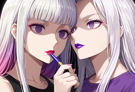 empty eyes, hypnotized, anime, females, lipstick, colorful lips, colorful lipstick, casual clothes, applying lipstick, long hair, white hair, purple eyes, close up, face, staring at each other