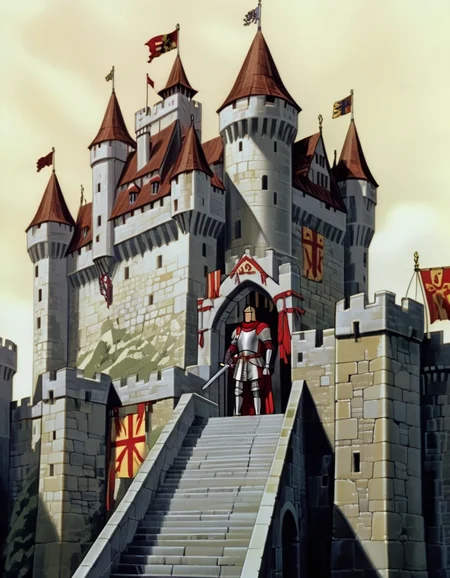 Medieval Castle: Stone walls, drawbridge, towering turrets, knights in shining armor, majestic banners, royal court. <lora:NEOTOKIOXL_0.2_RC:0.9>