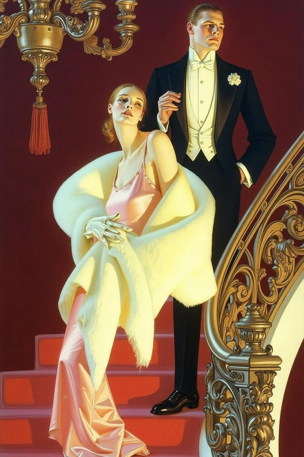 jcleyen1 painting.
A sophisticated woman and man in an opulent, ornate setting, standing on a staircase. The woman, positioned in the foreground, is dressed in a luxurious, form-fitting, light pink gown with a flowing, satin-like texture. She wears a white fur stole draped elegantly over her shoulders, which catches the light, giving it a soft, luminous quality.
<lora:jcleyen1_cap_d6a3e11:1.0><lora:824041531024403029:0>