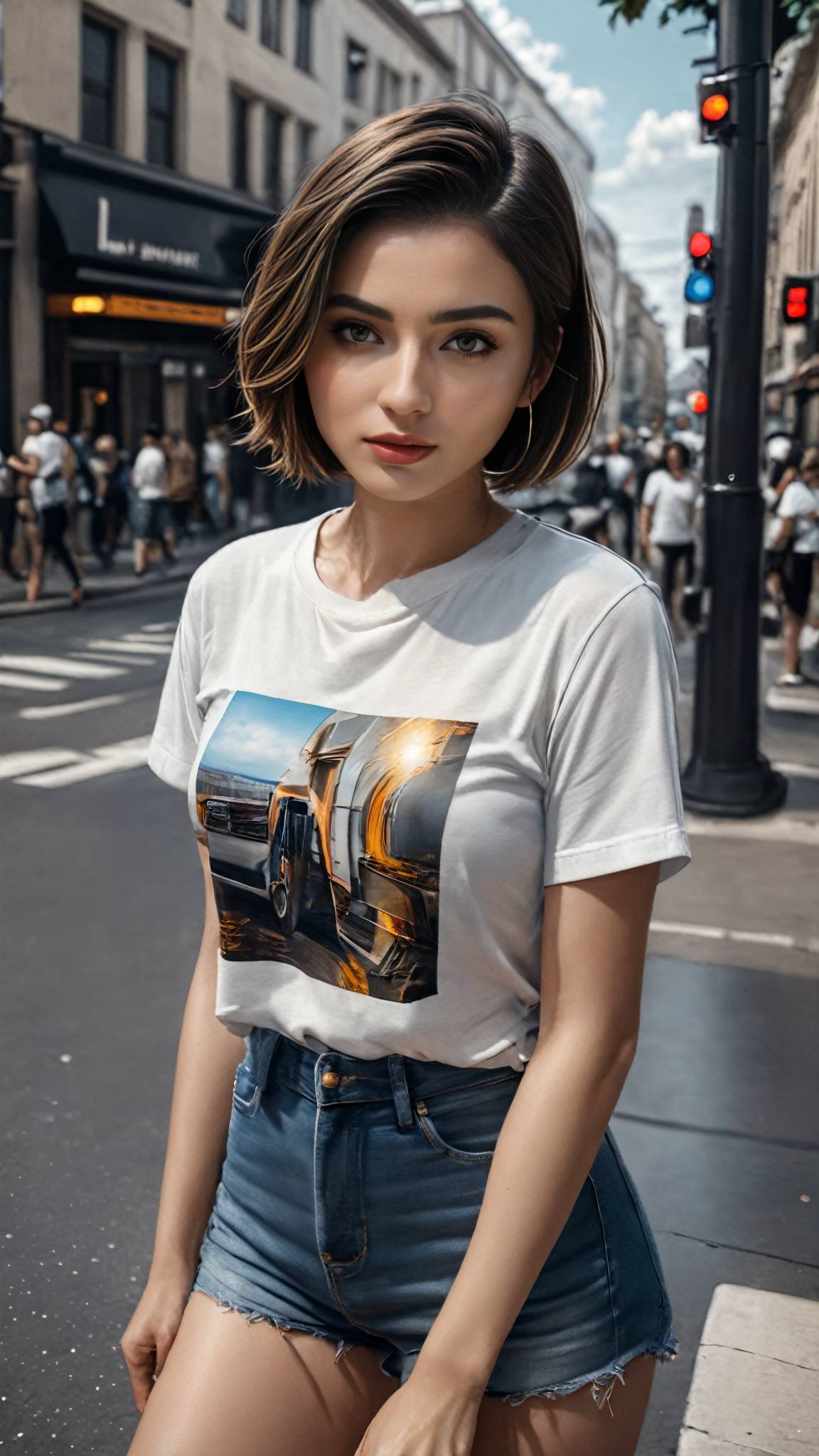 <lora:SH_ModelV2:0.8>, absolutely-impressive-lifelike-photo-realistic, outdoors, on the street, 1girl, short hair, casual t-shirt, (photo-of-real-life) , hyper realistic, insanely detailed and intricate, hyper maximalist, elegant, super detailed, dynamic pose, photography