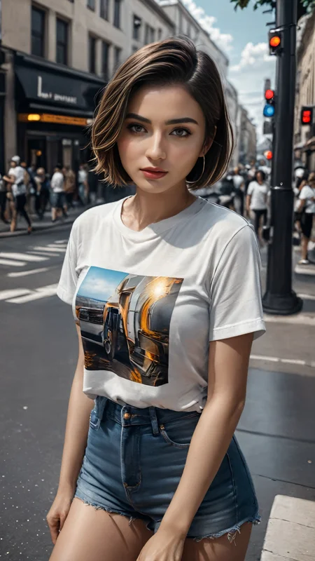 <lora:SH_ModelV2:0.8>, absolutely-impressive-lifelike-photo-realistic, outdoors, on the street, 1girl, short hair, casual t-shirt, (photo-of-real-life) , hyper realistic, insanely detailed and intricate, hyper maximalist, elegant, super detailed, dynamic pose, photography