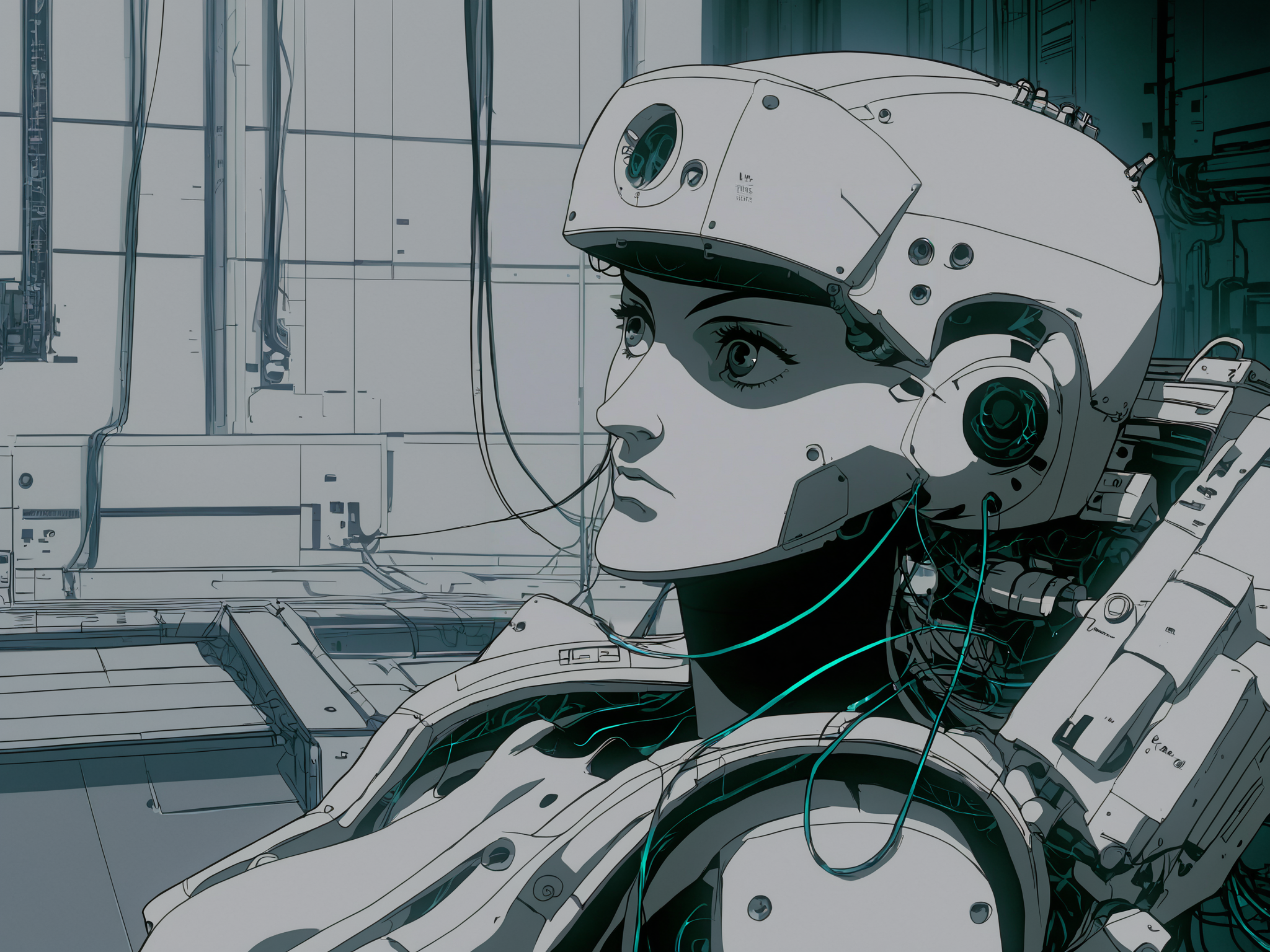 score_9,source_anime,solo,female robot with a lot of wires in it's body and head and arms,looking away,from side,wire,machinery,laboratory,<lora:GITS1995_XL:1>,