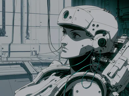 score_9,source_anime,solo,female robot with a lot of wires in it's body and head and arms,looking away,from side,wire,machinery,laboratory,<lora:GITS1995_XL:1>,