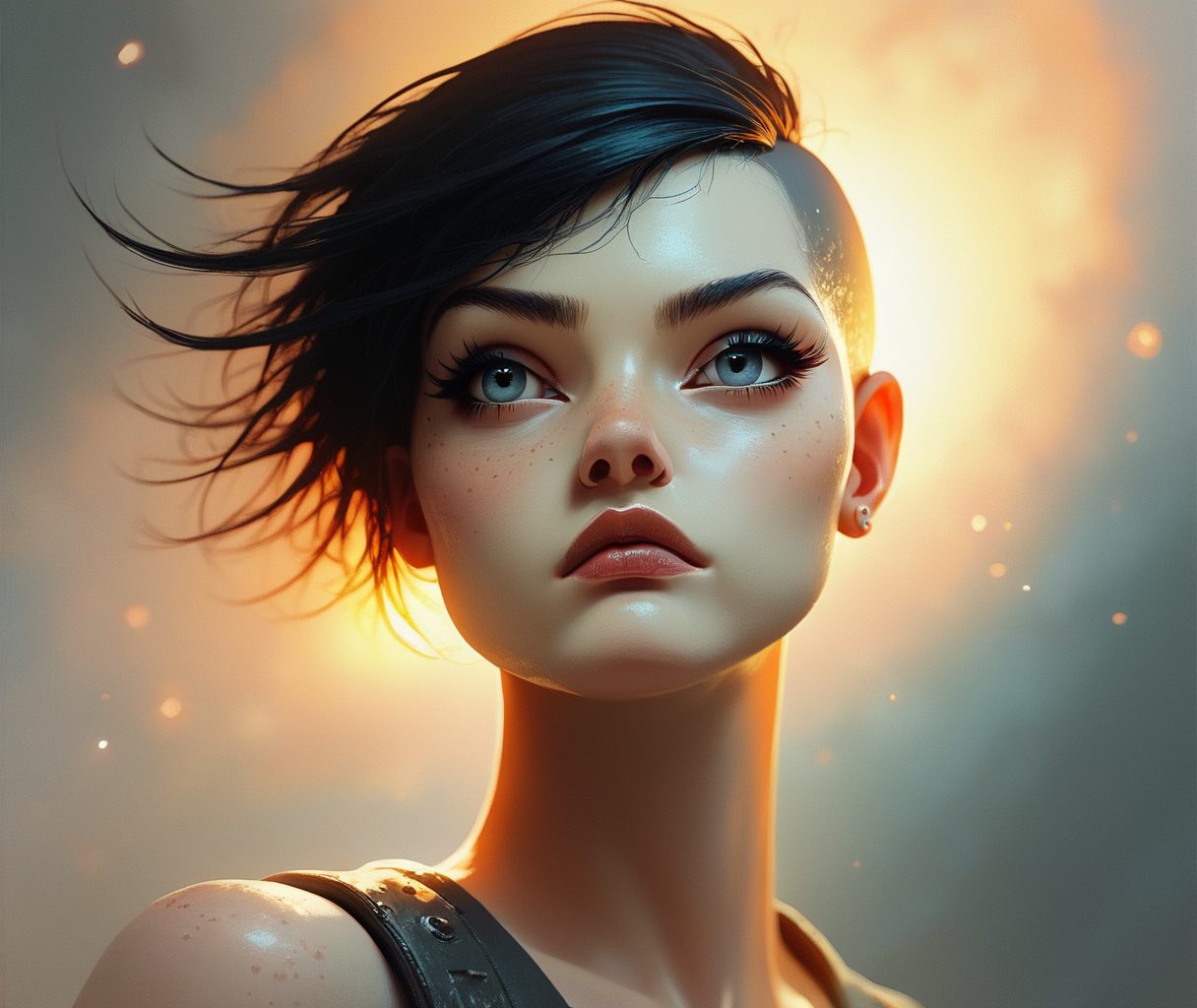score_9, score_8_up, score_7_up, score_6_up, score_5_up, score_4_up, pale, A close-up of a model with straight, jet-black hair cut into a blunt bob, her sharp features highlighted by her intense, piercing grey eyes and serious expression., highly detailed, backlight <lora:ponys-dream:.9>