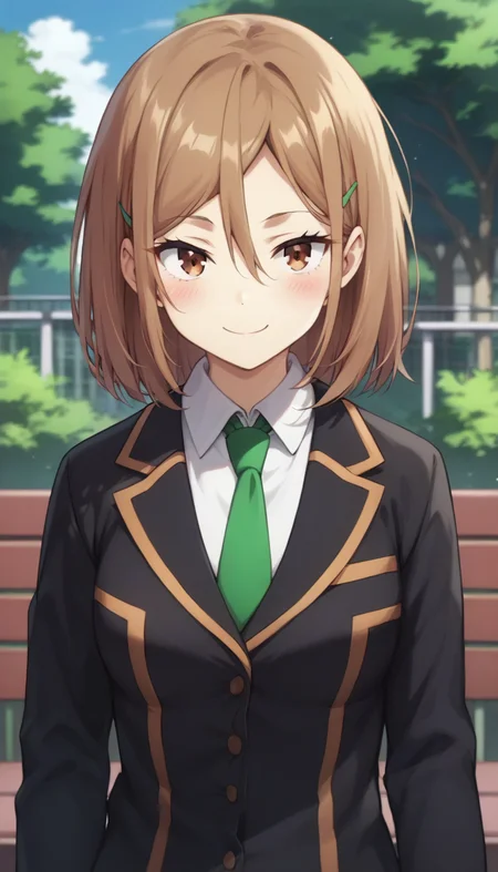 score_9,score_8_up,score_7_up,score_6_up BREAK official art,solo,outdoors,upper body,(portrait:1.5),looking at viewer,facing viewer,smile,blush,Yayoi Toba,medium hair,brown hair,hair ornament,hairclip,hair between eyes,diagonal bangs,sanpaku,brown eyes,school uniform,black cardigan,green necktie,collared shirt,white shirt,medium breasts,long sleeves,miniskirt,black skirt,pleated skirt,white socks,loafers,<lora:Yayoi Toba(at)-Pony:1.4>,