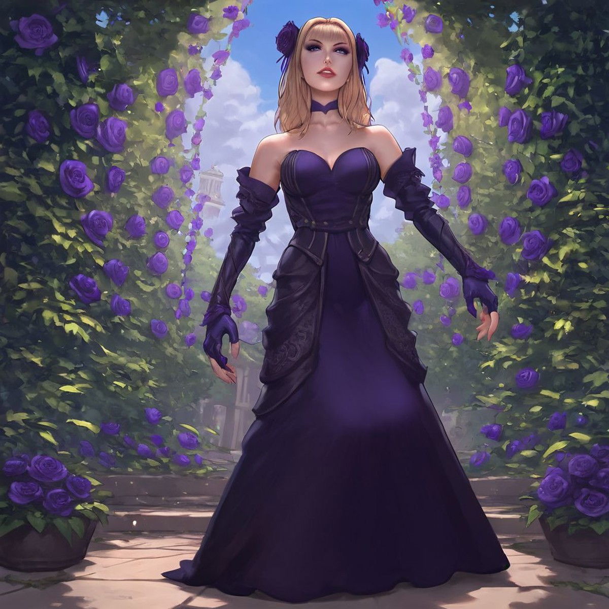 full body, full view, dress covering shoes, long dress, best quality, best definition, insanely detailed, shiny, detailed eyes, good anatomy, perfect anatomy, perfection, beautiful, gorgeous, Lady Elvira Grey, Lady Elvira Grey (Fable), blonde hair, medium hair, purple dress, good hands, well-drawn hands, well drawn hands, purple head ribbon, blue eyes, bare shoulders, collarbone, fingerless gloves, half fingerless gloves, half gloves, purple choker, purple eyelids, makeup, perfect teeth, small hairtie, evil beautiful woman, evil beauty, evil face, hands, masterpiece, garden of black roses background, violet roses, BREAK, score_9, score_8_up, score_7_up, score_6_up