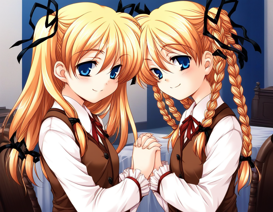 score_9, score_8_up, score_7_up, source_anime, rating_explicit, BREAK  <lora:Itsukiï¼Imi_Ver2.0_XL:1>  Itsukiï¼Imi, multiple girls, 2girls, blonde hair, twins, siblings, blue eyes, twintails, braid, ribbon, sisters, twin braids, hair ribbon, long hair, chair,
 brown vest, own hands clasped, upper body, shirt, smile, 
short stack,