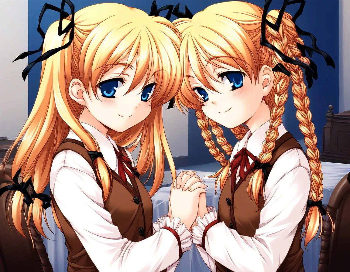 score_9, score_8_up, score_7_up, source_anime, rating_explicit, BREAK <lora:Itsukiï¼Imi_Ver2.0_XL:1> Itsukiï¼Imi, multiple girls, 2girls, blonde hair, twins, siblings, blue eyes, twintails, braid, ribbon, sisters, twin braids, hair ribbon, long hair, chair,
brown vest, own hands clasped, upper body, shirt, smile,
short stack,