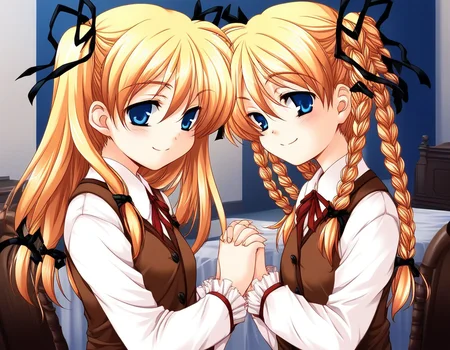 score_9, score_8_up, score_7_up, source_anime, rating_explicit, BREAK <lora:Itsukiï¼Imi_Ver2.0_XL:1> Itsukiï¼Imi, multiple girls, 2girls, blonde hair, twins, siblings, blue eyes, twintails, braid, ribbon, sisters, twin braids, hair ribbon, long hair, chair,
brown vest, own hands clasped, upper body, shirt, smile,
short stack,