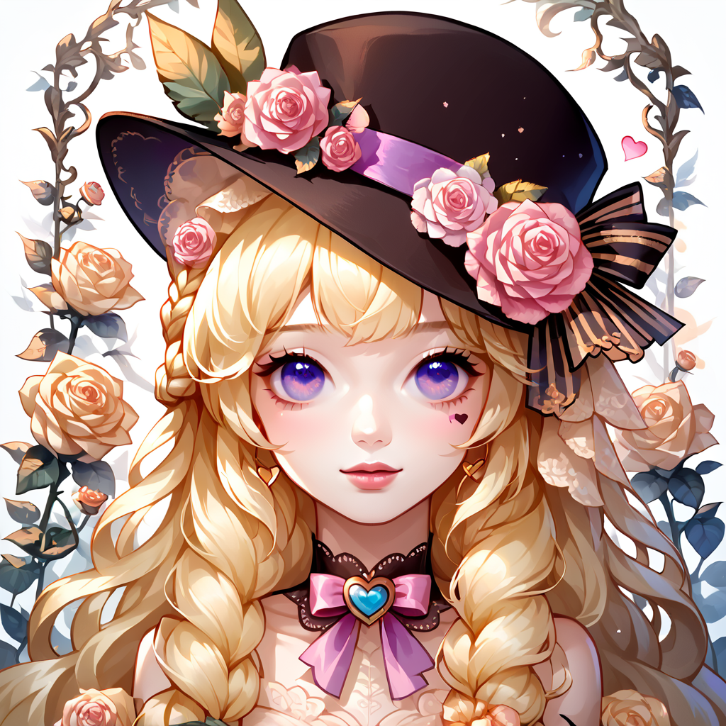 score_9, score_8_up, score_7_up, score_6_up, score_5_up, score_4_up, 
CuteStyle,scrambled, 1girl, flower, solo, hat, blonde hair, braid, rose, hair flower, heart, purple eyes, long hair, hair ornament, blue eyes, bow, portrait, ribbon, bangs,  
<lora:Cute_Style_pony:0.8>