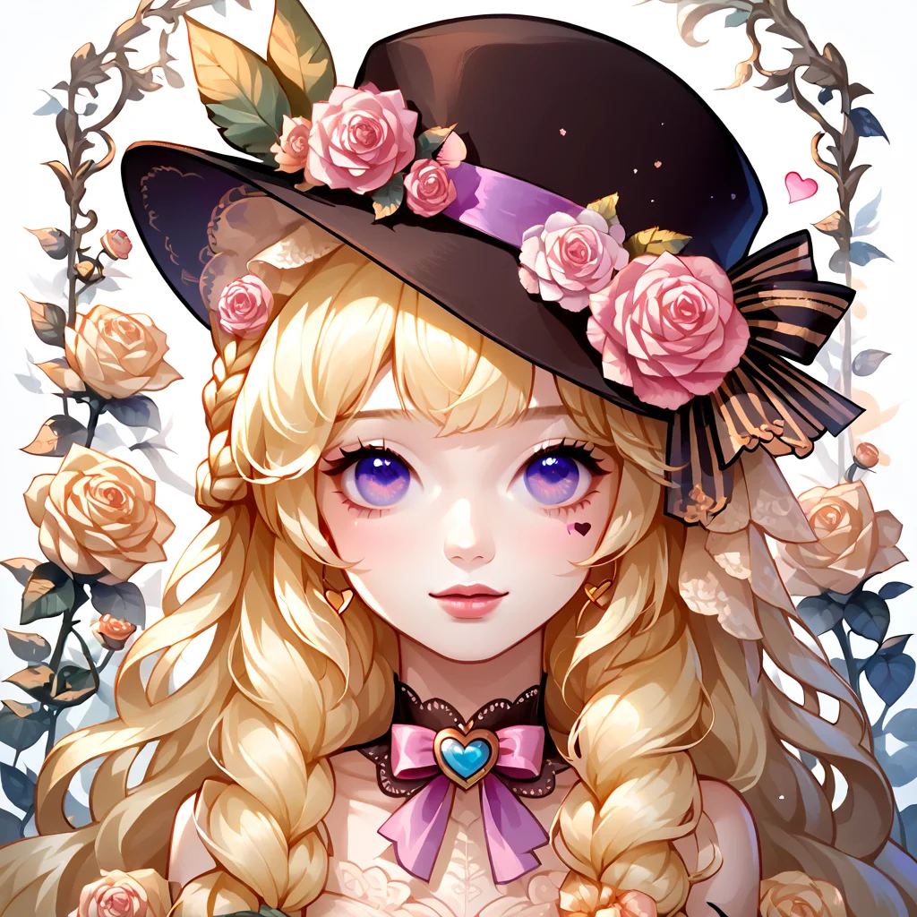 score_9, score_8_up, score_7_up, score_6_up, score_5_up, score_4_up, 
CuteStyle,scrambled, 1girl, flower, solo, hat, blonde hair, braid, rose, hair flower, heart, purple eyes, long hair, hair ornament, blue eyes, bow, portrait, ribbon, bangs,  
<lora:Cute_Style_pony:0.8>