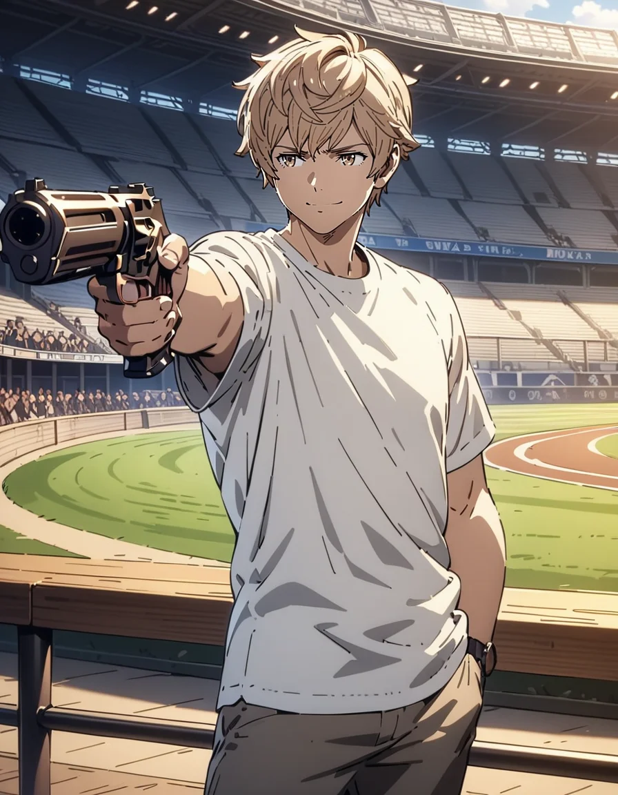 masterpiece, best quality, ultra detailed, highres,4k,(ultra-detailed:1.4) (illustration:0.5), (ray tracing,:0.8),(anime colored:0.7),(ai-generated:0.5), (anime screencap:0.2),
1boy,
gran \(granblue fantasy\), granblue fantasy,
casual wear,pants,
smile,
<lora:mukakinojisanXL1:0.8>,mukakinojisan,
hand in pocket,holding gun, aiming,standing, aiming at viewer,
looking to the side,
stadium,audience,indoor,