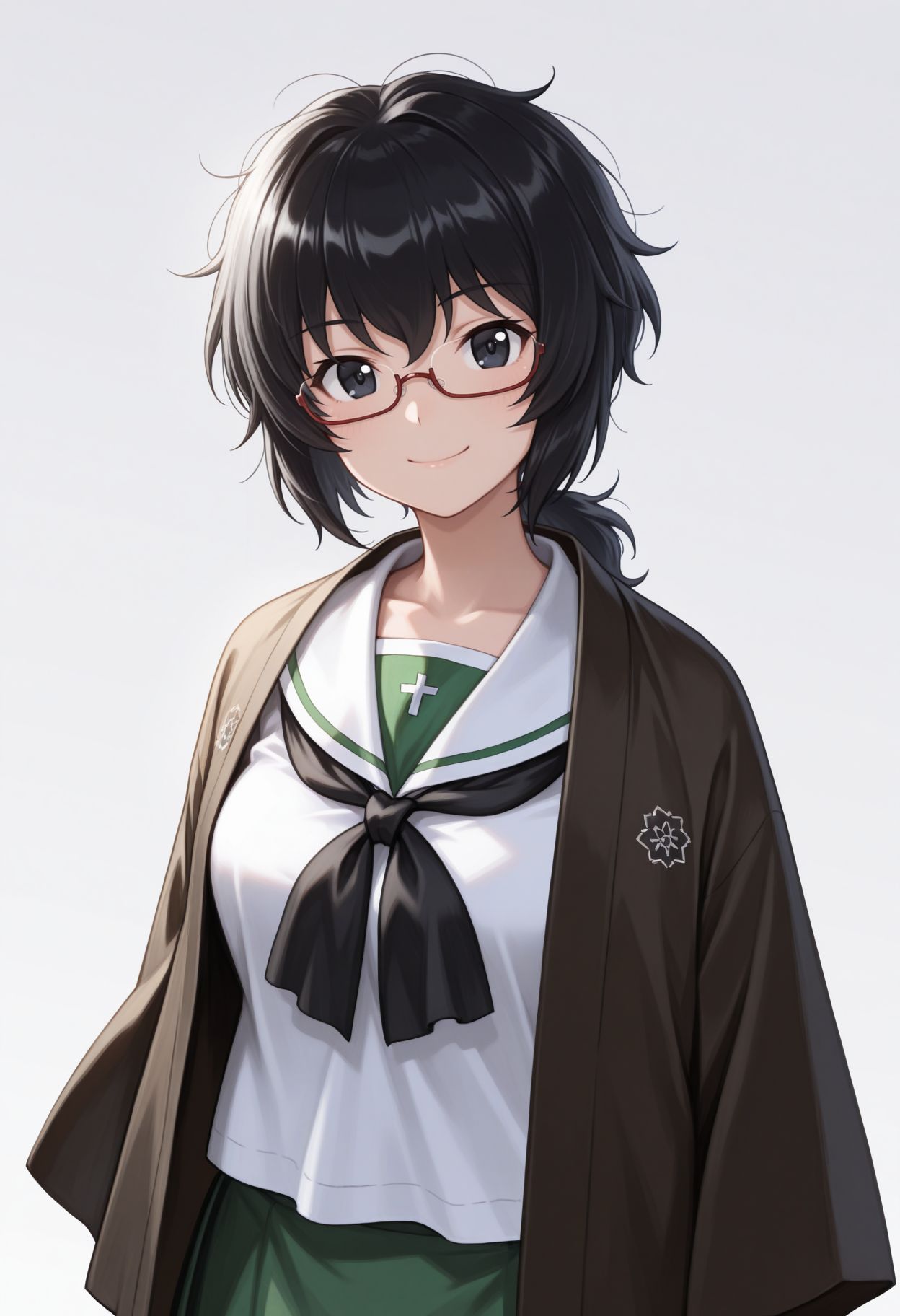 masterpiece,best quality,absurdres,highres,very aesthetic,high quality,detailed,insanely detailed,beautiful,perfect lighting, looking at viewer, smile, 
, solid white background, 1girl, solo, looking at viewer, upper body,  <lora:Oryou illu:1> 1girl, black hair, messy hair, short ponytail, black eyes, glasses, semi-rimless eyewear, japanese clothes, haori, long sleeves, ooarai school uniform,,black neckerchief,white shirt,long sleeves,green skirt,black socks,loafers