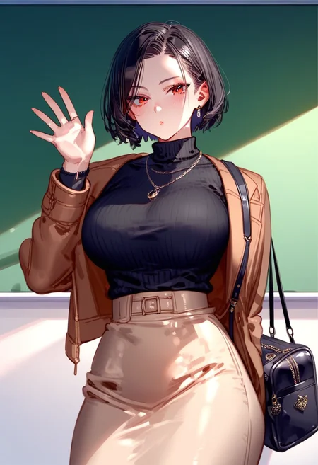score_9, score_8_up, score_7_up, score_6_up, score_5_up, score_4_up, source_anime,<lora:RAR 0.1v:0.7>, RAR,
1girl, breasts, skirt, solo, black hair, bag, short hair, necklace, jewelry, sweater, jacket, turtleneck, arm behind back, large breasts, chalkboard, black sweater, turtleneck sweater, waving, looking at viewer, handbag, brown eyes, open clothes, open jacket, long sleeves, red eyes, bangs, brown jacket, long skirt, high-waist skirt, brown skirt, shoulder bag, shirt, black shirt, shirt tucked in, parted lips, yellow skirt, hand up, standing, parted bangs, expressionless,