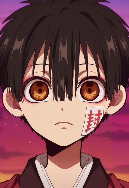 masterpiece, best quality, , anime screencap, anime coloring, , looking at viewer, 1boy, solo, male focus, <lora:hanako-kun_ilxl:0.98>, hanako-kun, black hair, brown eyes, short hair, hair between eyes, bangs, , , ofuda, ,