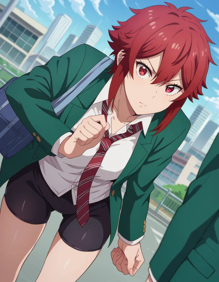 score_9, score_8_up, score_7_up, source_anime,
tomoaizawa, <lora:tomo-aizawa-ponyxl-lora-nochekaiser:1>,
tomo aizawa, short hair, red eyes, hair between eyes, red hair,
skirt, shirt, school uniform, jacket, white shirt, pleated skirt, necktie, striped, black skirt, blazer, red necktie, school bag, green jacket, striped necktie, green blazer, bike shorts,
outdoors, cityscape, bent over,
looking at viewer, dutch angle, cowboy shot,