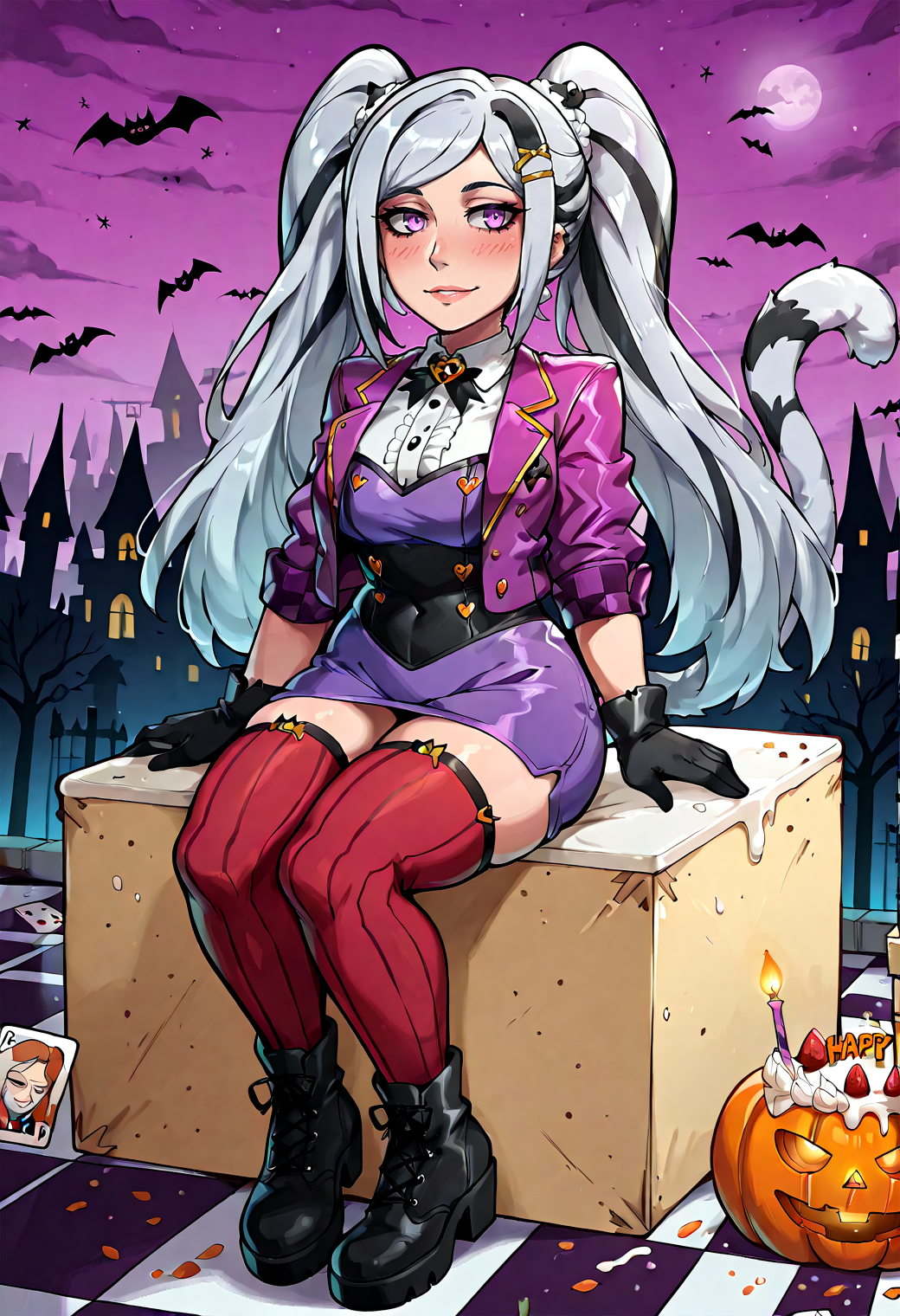 IllustriousQual, <lora:StS-Illustrious-Detail-Slider-v1.0:2> <lora:cfg_scale_boost:0.3> <lora:StS_Age_Slider_Illustrious_v1:3>,detailed_background,outdoors,ace \(playing card\),hairpin,hair ornament,shorts,cheshire cat \(alice in wonderland\) \(cosplay\),light smile,tail,open clothes,marvel,grey hair,vertical-striped thighhighs,streaked hair,very long hair,purple jacket,thighhighs,long hair,checkered floor,multicolored hair,food,kemurigi ill,multiple hairpins,mobile suit,fancy dress party \(idolmaster\),bodysuit,striped clothes,black footwear,cosplay,cat tail,mecha,superhero costume,happy halloween,1girl,jacket,white shirt,open jacket,twintails,halloween,peni parker,cake,zettai ryouiki,long sleeves,red thighhighs,shirt,gloves,sitting,coco7