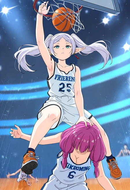 very awa, very aesthetic, (masterpiece, best quality, amazing quality), venom_dunking_on_spider-man_(meme), 2girls, frieren, aura \(sousou no frieren\), basketball, basketball hoop, tank top, basketball uniform, sneakers, <lora:venom_dunking_on_spider-man_meme:1>