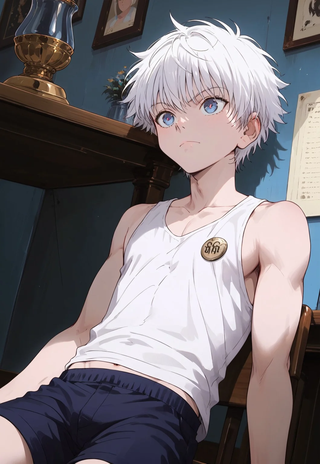 safe_pos, score_9_up, score_8_up, score_7_up,anime source,(realism:0.8) , best quality, lots of details, clear outline,
, 1boy,killua_zoldyck,,solo, 18yo, bishounen, emaciate physique , ,handsome:1.3,male focus, thin body, short hair, white hair, blue eyes,,blue eyestsurime,detailed eyes, close eyes,frown expression, light smile, , detailed face,colorful,
sitting,chair,sleeping,
Lying on the table,lethargy, bright mushrooms on table,table,
trophy on table,
tank shirt,sleeveless,booty shorts,narrow shoulder,thin chest,navel,
screen focus on full body,
perfect shooting angle,
outdoor ,
great anatomy,