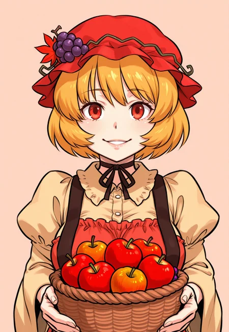 masterpiece, best quality, aesthetic, colorful, <lora:DittoHead7-8:1>, BREAK, (Aki Minoriko), smile, happy, parted lips, basket, apple, grape, vegetable, carrying, leaves in the wind, maple leaf, female focus, simple background, looking at viewer, feeding viewer, feeding, holding food,