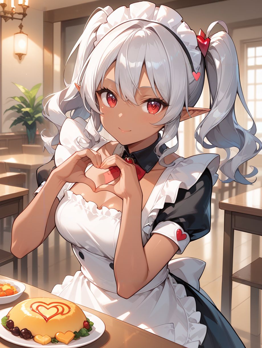 score_9, score_8_up, score_7_up,source_anime, high res image,vivid,masterpiece,best quality,cute girl,cute face,kawaii,clear skin,shiny hair,beautiful eyes,eyelashes,real skin, dark elf,(dark skin:1.2),silver hair,medium breasts,red eyes,twintails,long hair,wavy hair,erotic face <lora:maid cafe_pony_V1.0:1> maid, apron, heart, food, table,heart hands,
