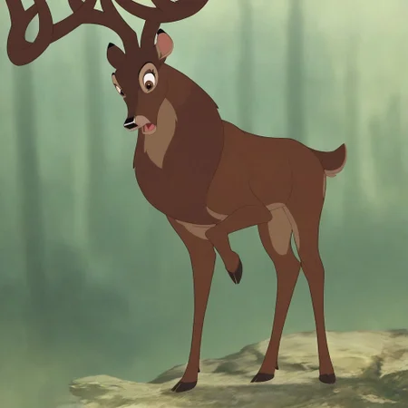 score_9, score_8_up, score_7_up, score_6_up, score_5_up, score_4_up, score_4, detailed face, detailed eyes, detailed fur, male, nature background, detailed background
BREAK
Great Prince of the Forest, GPotF, deer, buck, disney, antlers, brown fur, tan Markings, beige markings, brown eyes, brown eyelids, brown eyeshadow, eyeliner, black eyebrows, surprised, open mouth
BREAK
full-body
<lora:add-detail-xl:1.0>