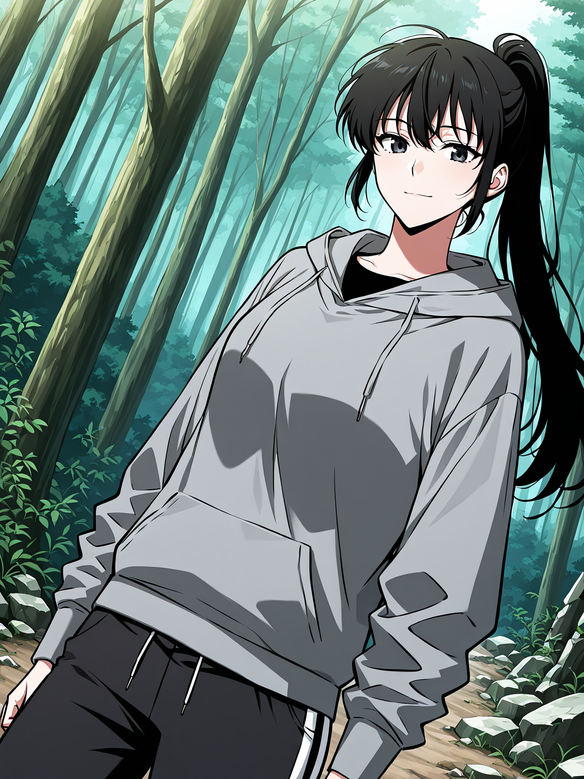 <lora:Omniscient_Readers_Viewpoint__Lee_Jihye:1>
1girl, solo, long hair, black hair, tied hair, high ponytail, black eyes, messy bangs, 
gray hoodie, black t shirt, black track pants, white stripe pants, white sneakers, modern clothing, 
score_9, score_8_up, score_7_up, very aesthetic, source_anime, detailed, high quality, beautiful, masterpiece, detailed eyes, forest, tree, ruins, cowboy shot, dynamic angle, upper body, light smile, dynamic pose