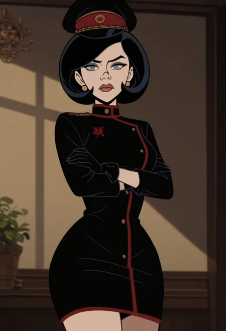 Score_9_up, score_8_up, score_7_up, BREAK, Expressiveh, solo, 1girl, drmrsmon, black hair, earrings, uniform, military hat, black gloves, arms crossed, grinning, cowboy shot, looking at viewer, dark room