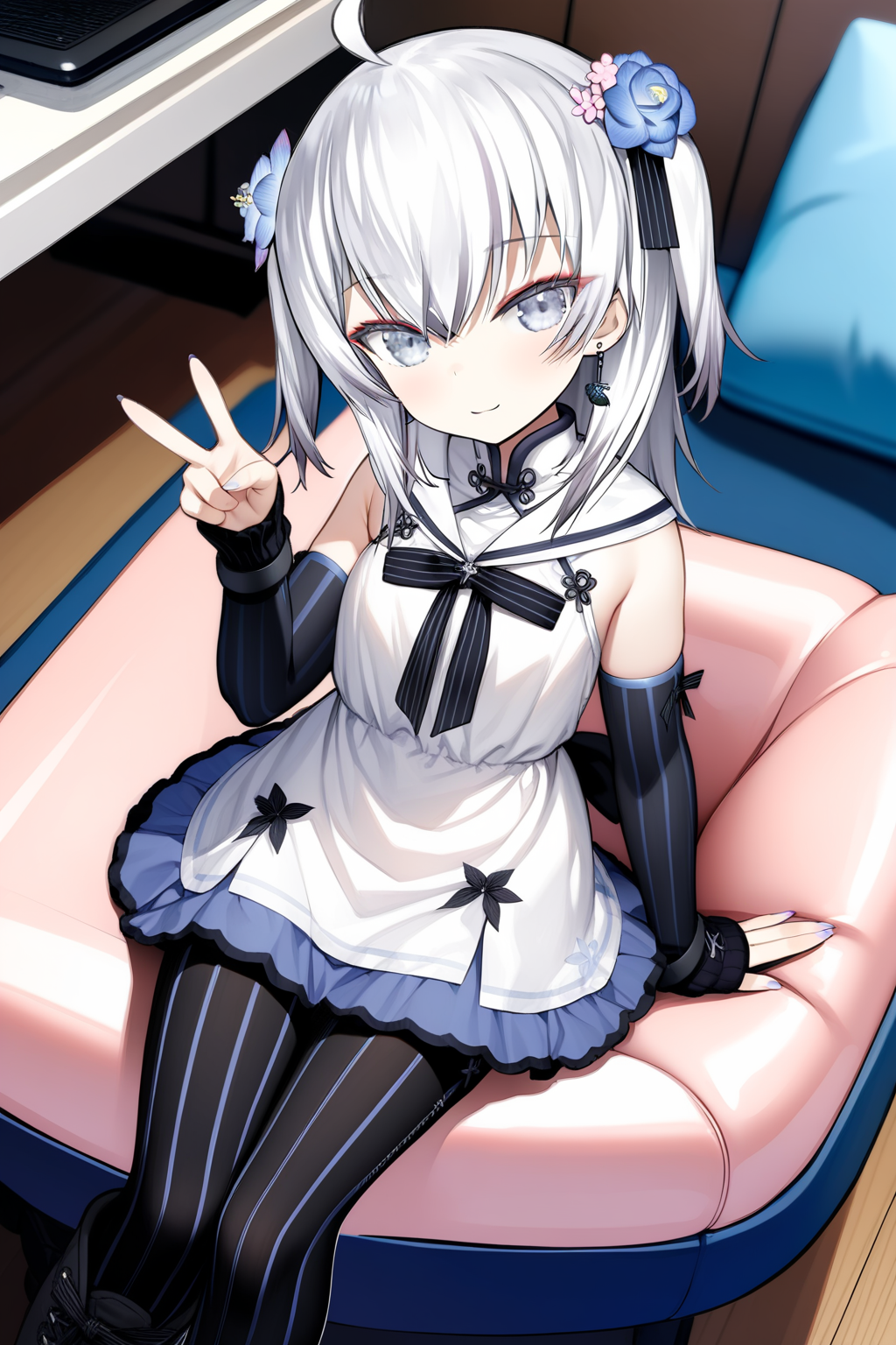 (masterpiece, best quality, very aesthetic, ultra detailed),<lora:AzumaSeren-000014:0.9>,azumaseren,ahoge,white hair,hair flower,dress,two side up,grey eyes,detached sleeves,skirt,(black thighhighs:0.7),vertical-striped thighhighs,sitting,boots,v,legs up,otaku room,
