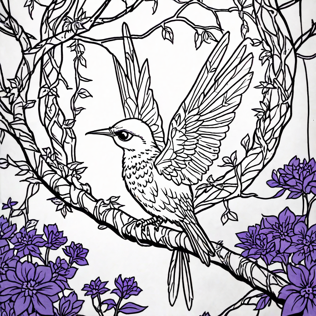 Score_9, score_8_up, score_7_up, score_6_up, BREAK  <lora:Moonlit_MinimalismPony:1> ArsMJStyle, Moonlit  Minimalism, The image shows a hummingbird perched on a branch with purple flowers in a stained glass window. The bird is surrounded by intricate details of the flowers and leaves creating a beautiful and unique coloring page., wings, plant, lineart, flower, monochrome, leaf, vines, round image, solo, no humans