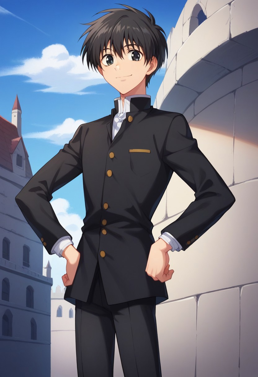 score_9, score_8_up, score_7_up, source_anime, highly detailed,
YuriShibuya, solo, 1boy, male focus, school uniform, gakuran, black jacket, black hair, upper body, long sleeves, standing, pants, hand on hip, looking at viewer,
black eyes, black pants, smile, slender, skinny
outdoor, sky, medieval, castle